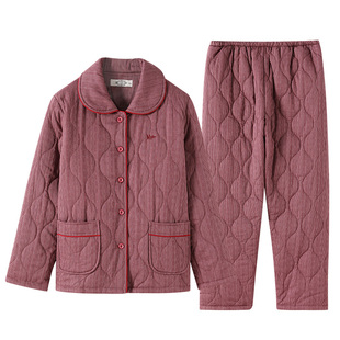 美标秋冬新款 三层加厚夹棉睡衣女纯棉休闲可外穿全棉质家居服套装