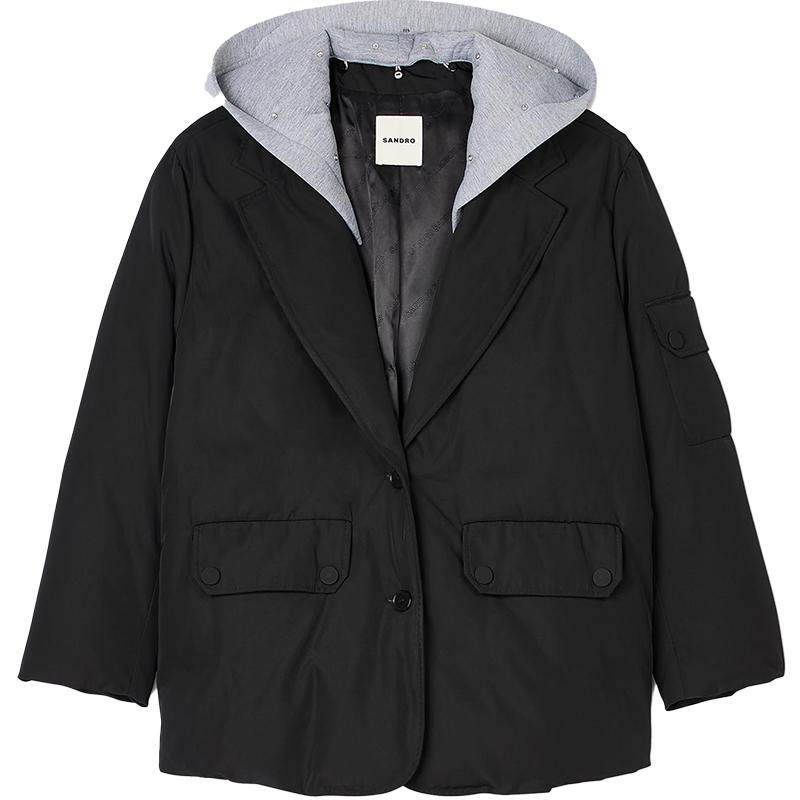 SANDRO秋冬女装法式时尚优雅休闲黑色撞色短款拼接连帽棉衣外套,女装/女士精品,棉衣/棉服,淘宝优惠券,粉丝福利购,淘宝优惠卷