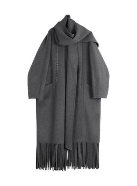 【100%绵羊毛】ELLE灰色长款流苏双面呢大衣女2025冬新款毛呢外套