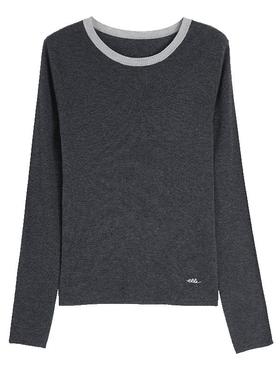 ELLE绵羊毛深灰色毛针织衫女2025秋季新款撞色设计感软糯休闲毛衣