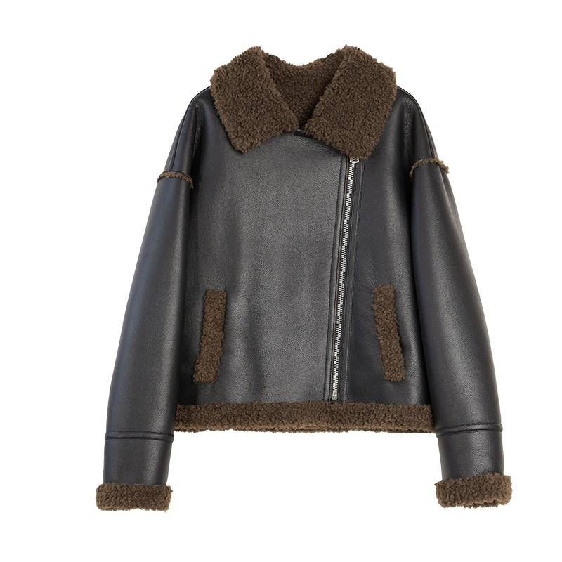 ELLE摩登拼接环保皮草毛绒短外套女2025冬季新款时髦通勤皮革上衣,女装/女士精品,短外套,淘宝优惠券,粉丝福利购,淘宝优惠卷