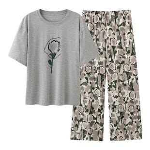 婷美纯棉睡衣女2026新款短袖长裤薄款学生夏天带胸垫可外穿家居服