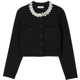 法式 女装 时尚 黑色仿珠饰领口短款 SANDRO2025秋冬经典 针织开衫 款