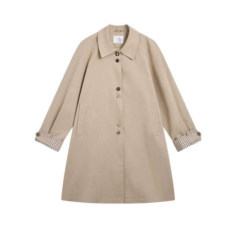 紫涵中长款翻领卡其色风衣女秋季新款文艺气质宽松显瘦单排扣外套
