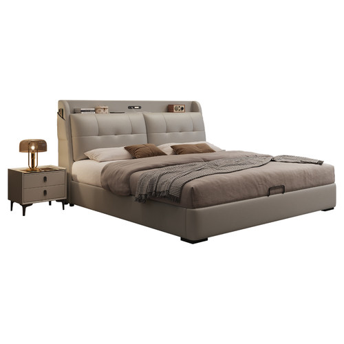 政府补贴蓝色理想2025新款真皮床主卧带灯多功能大床头高端储物床