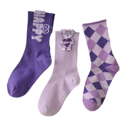 紫色小熊爱心条纹中筒袜子女ins可爱风潮流外穿运动中筒堆堆袜子