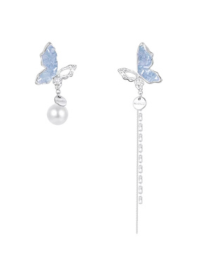 蝴蝶流苏耳夹女无耳洞新款小众独特绝美耳环蓝色耳坠轻奢高级耳饰