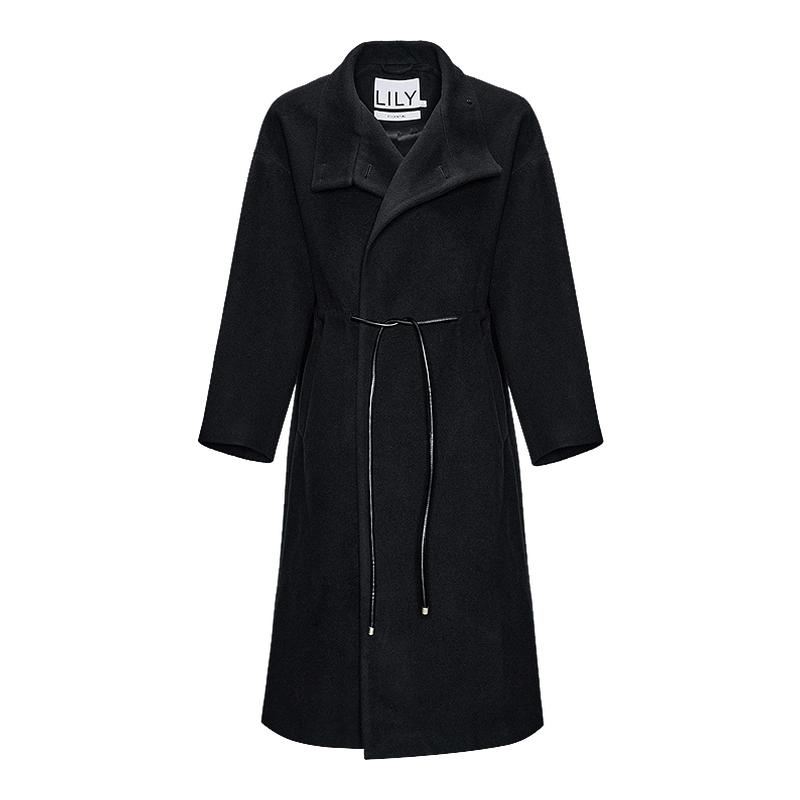 LILY通勤抽绳收腰桑蚕丝毛呢大衣