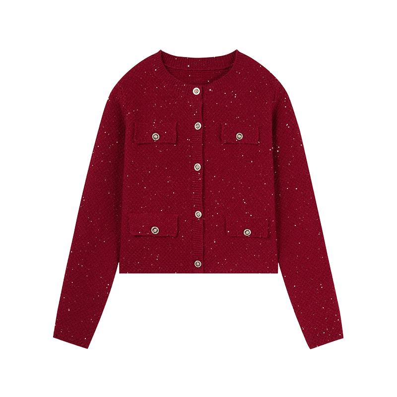 秋水伊人奥莱红色针织外套女装秋冬新款本命红时尚设计感短款上衣