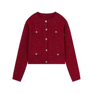 设计感短款 本命红时尚 上衣 秋冬新款 秋水伊人奥莱红色针织外套女装