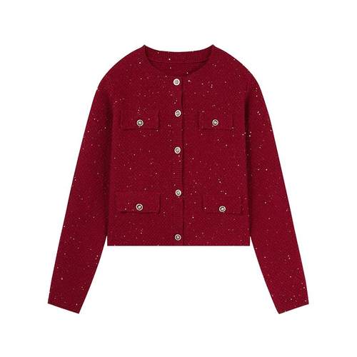 红色针织开衫秋水伊人圆领