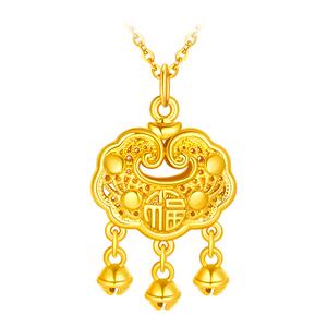 周大生黄金花丝吊坠足金福锁平安锁包送女友老婆妈妈生日节日礼物