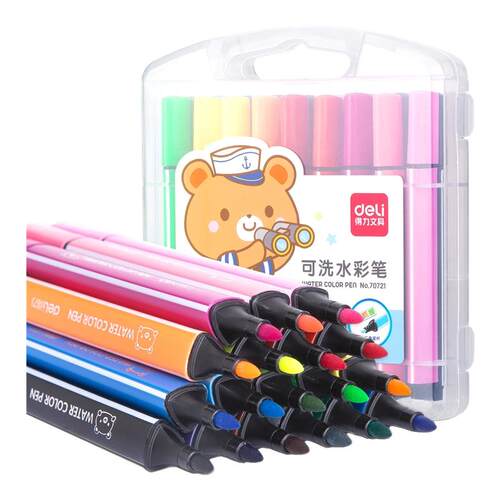 得力可水洗水彩笔24色画笔儿童无毒幼儿园小学生专用美术课初学者36色套装水溶性12色一年级水性画画笔水彩笔