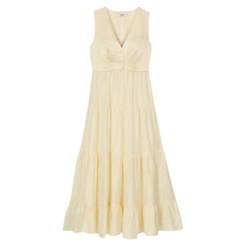 SANDRO2025春夏女装时尚气质黄色马甲式拼接假两件蛋糕长裙连衣裙