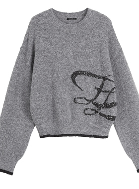 【巴黎系列】ELLE灰色针织衫女2025冬季新款设计宽松慵懒气质毛衣