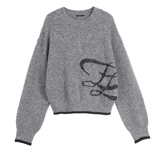 新款 女2025冬季 ELLE灰色针织衫 设计宽松慵懒气质毛衣 巴黎系列