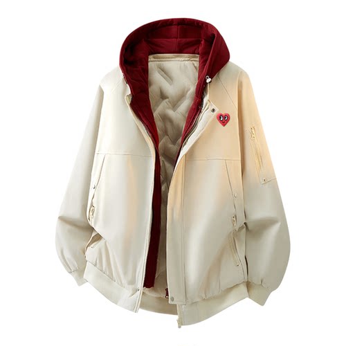 查尔斯桃心 假两件可拆卸帽棉服男冬季新款加厚撞色保暖情侣外套