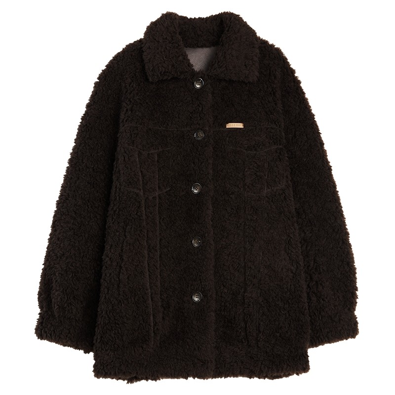 【100%绵羊毛】ELLE咖色复古毛绒短外套女2025冬季新款羊羔毛上衣,女装/女士精品,短外套,淘宝优惠券,粉丝福利购,淘宝优惠卷