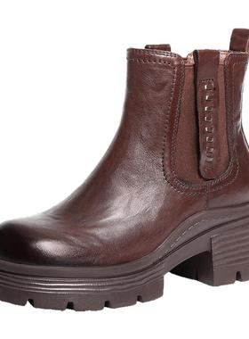 百丽女鞋加绒保暖真皮切尔西靴子女冬款棉鞋厚底烟筒短靴F2K1DDD5