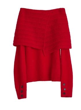 ELLE红色简约大翻领慵懒风毛衣女2025秋新款简约小众设计感针织衫