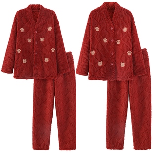 猫人珊瑚绒情侣睡衣冬季 男女 加厚加绒结婚本命年红色家居服套装