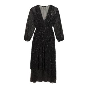 黑色亮片V领长袖 Maje秋冬女装 修身 时尚 连衣裙两件套礼服裙 法式
