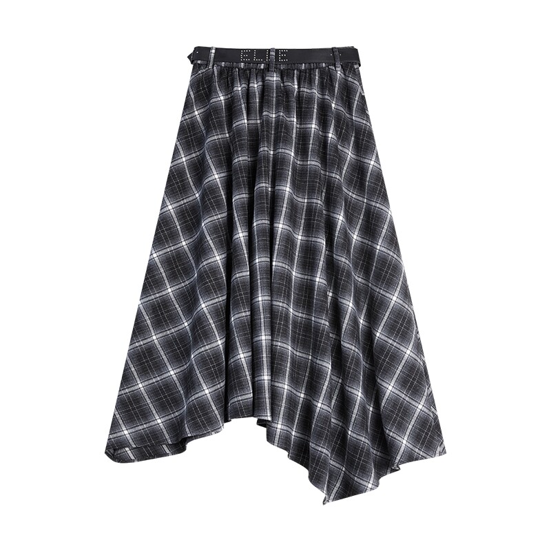 【祝绪丹同款】ELLE不规则格纹半身裙女2025冬新款设计感a字