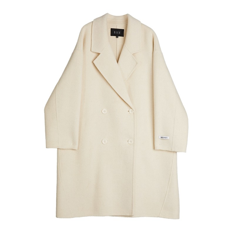 ELLE绵羊毛羊驼毛双面呢大衣女2025冬季新款优雅西装领毛呢外套