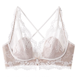 猫人蕾丝法式 性感内衣女大胸显小提拉防下垂纯欲风挂脖美背文胸罩