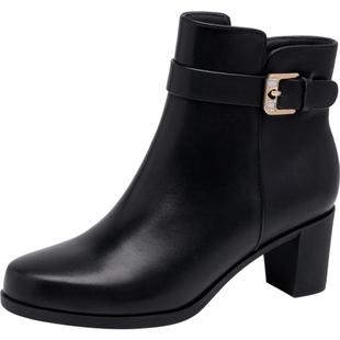 通勤短靴 靴女靴真皮短筒靴子2025冬新款 沙驰女鞋 粗高跟牛皮革时装