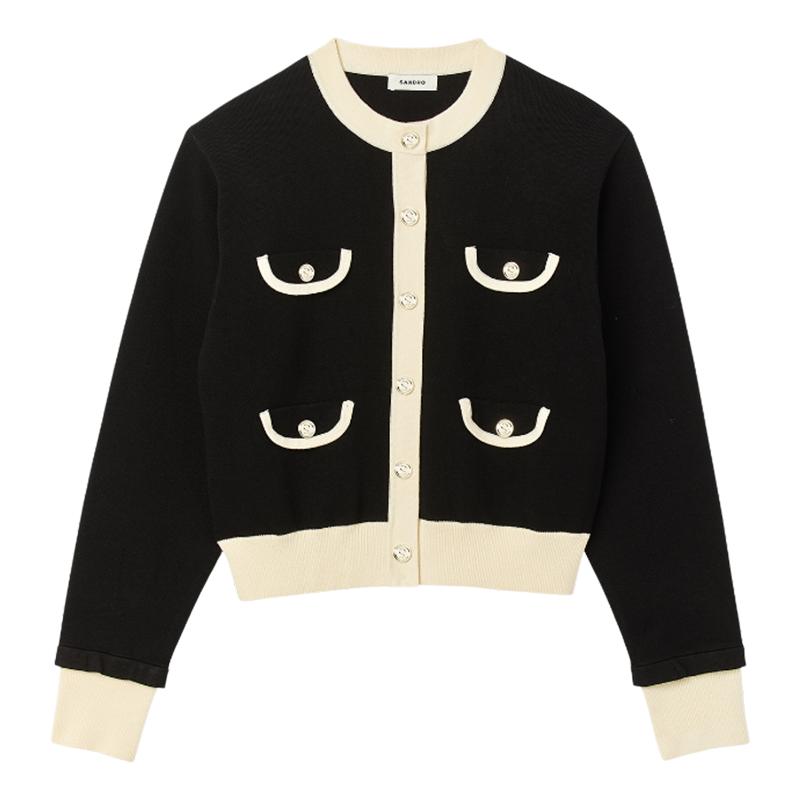 SANDRO黑白撞色简约针织开衫上衣