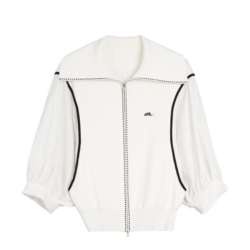 ELLE白色大翻领针织开衫女