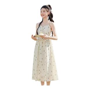 新款 紫涵吊帶碎花連衣裙女2025年夏季 收腰顯瘦散擺度假裙清新長裙