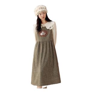 紫涵羊毛背心连衣裙女冬季新款复古宽松撞色贴布中长款a字裙子