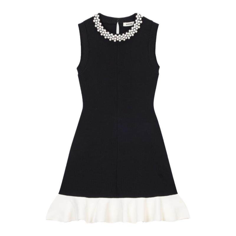 SANDRO仿珠饰领口荷叶边连衣裙