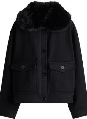 HM女装短外套春季毛茸领冬装保暖宽松长袖开衫短款大衣1250910