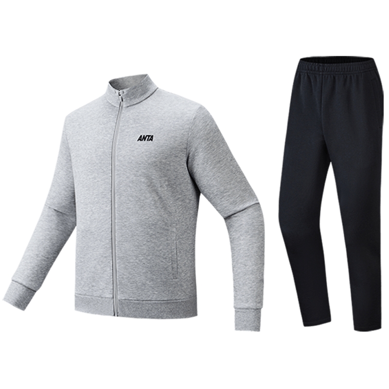安踏易打理运动套装男士冬季新款立领针织外套上衣黑色长裤两件套