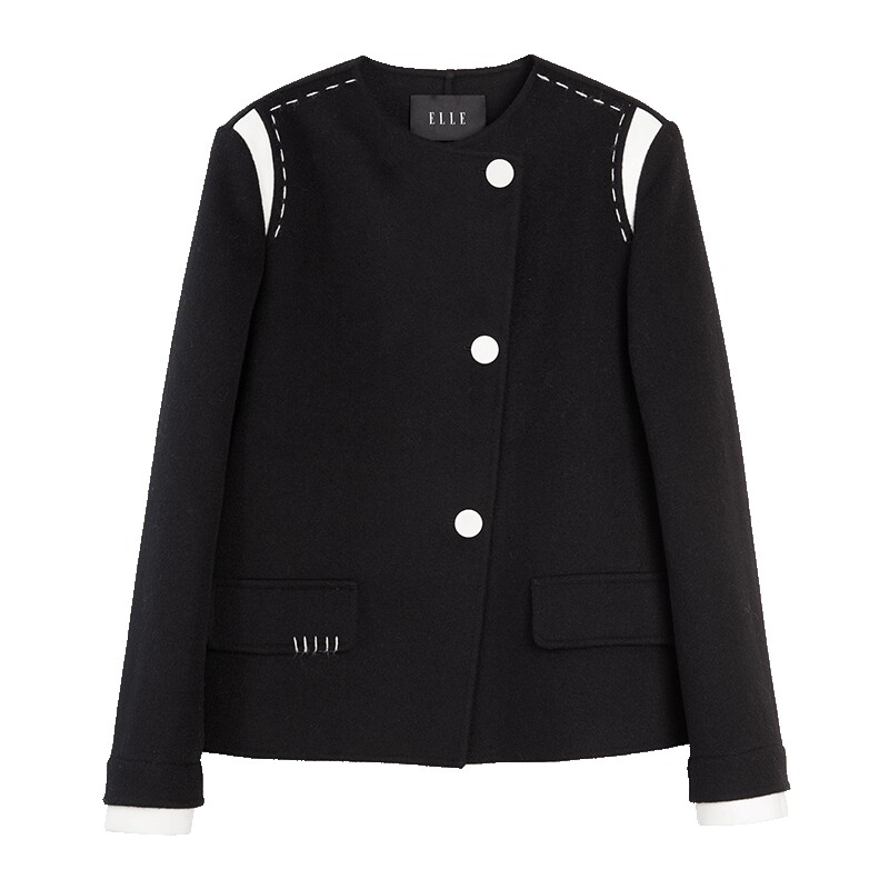 【型格序曲】ELLE法式绵羊毛双面呢大衣女25冬新款拼接毛呢短外