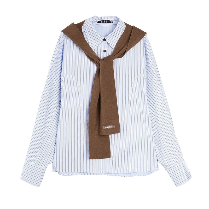 【法网学院】ELLE条纹复古披肩衬衫女2025秋新款宽松休闲气质