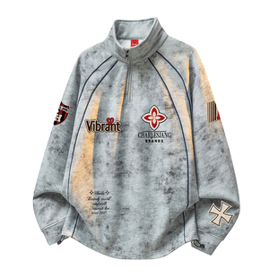 查尔斯桃心 徽章解构拼接扎染满印立领套头卫衣男女潮牌上衣 美式