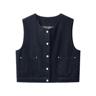 金属撞色纽扣圆领马甲女简约显瘦上衣春季 CLOUDSPACE 蓝调牛仔