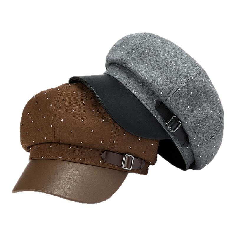 畹町烫钻时尚拼皮八角帽