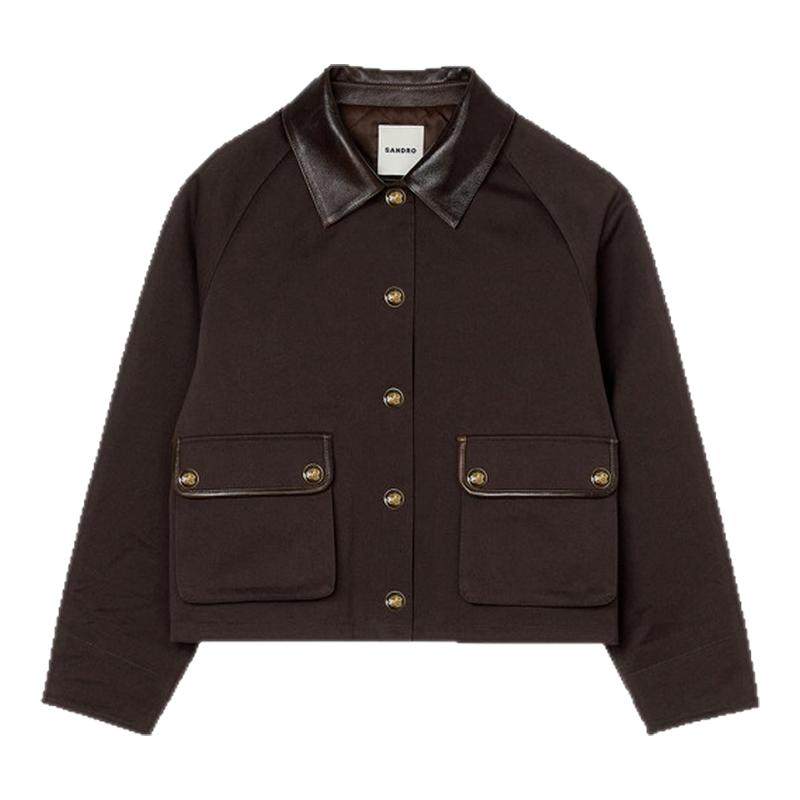 季末7折SANDRO2025秋季新款女装迪木尔风巴恩风棉质皮革夹棉外套,女装/女士精品,棉衣/棉服,淘宝优惠券,粉丝福利购,淘宝优惠卷