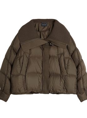 ELLE90鹅绒深棕色大翻领鹅绒服女2025冬季新款小个子短款羽绒外套