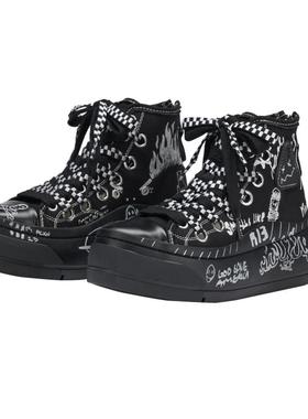 R13 早秋系列 KURT 经典高帮厚底手工缝制黑底涂鸦系带帆布鞋