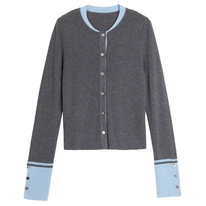 ELLE灰色绵羊毛优雅拼接毛针织衫