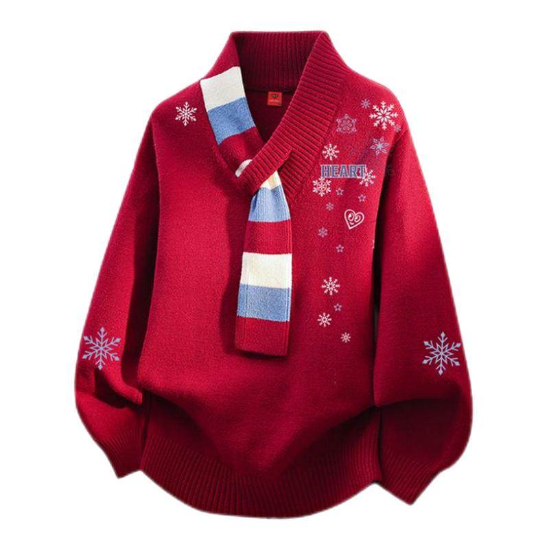 查尔斯桃心雪花印花围巾领红色圣诞毛衣男女冬季宽松休闲针织衫潮