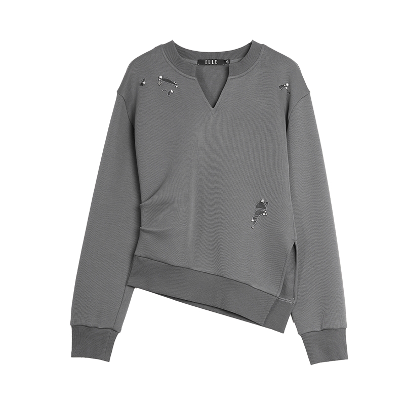 ELLE深灰色摩登钉珠修身卫衣