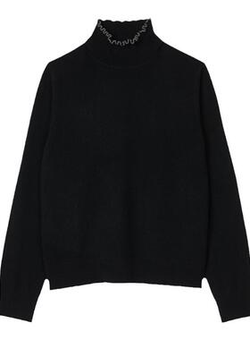 SANDRO秋冬女装法式优雅黑色仿珠饰荷叶领半高领绵羊毛针织衫上衣