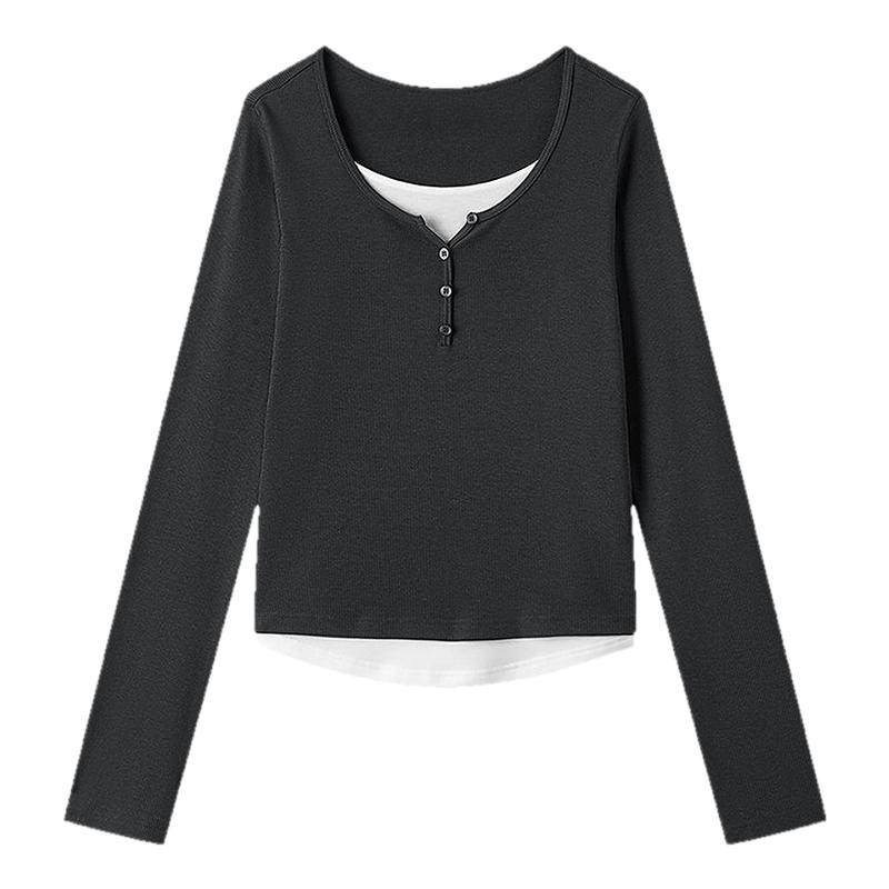 森马打底衫女修身显瘦内搭弧形下摆拼接假两件上衣秋季可外穿气质